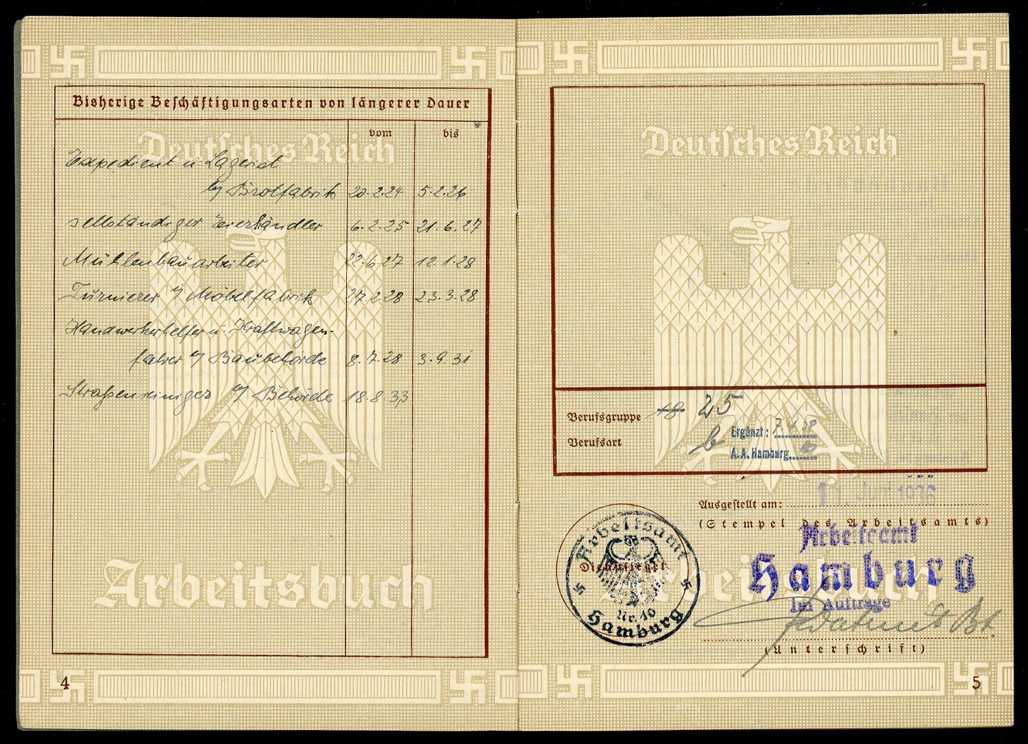Z FACEBOOK AUCTION - 1st Pattern German Arbeitsbuch 10 Year Work History 1933 to 1943 WW2, STARTING BID $12 *
