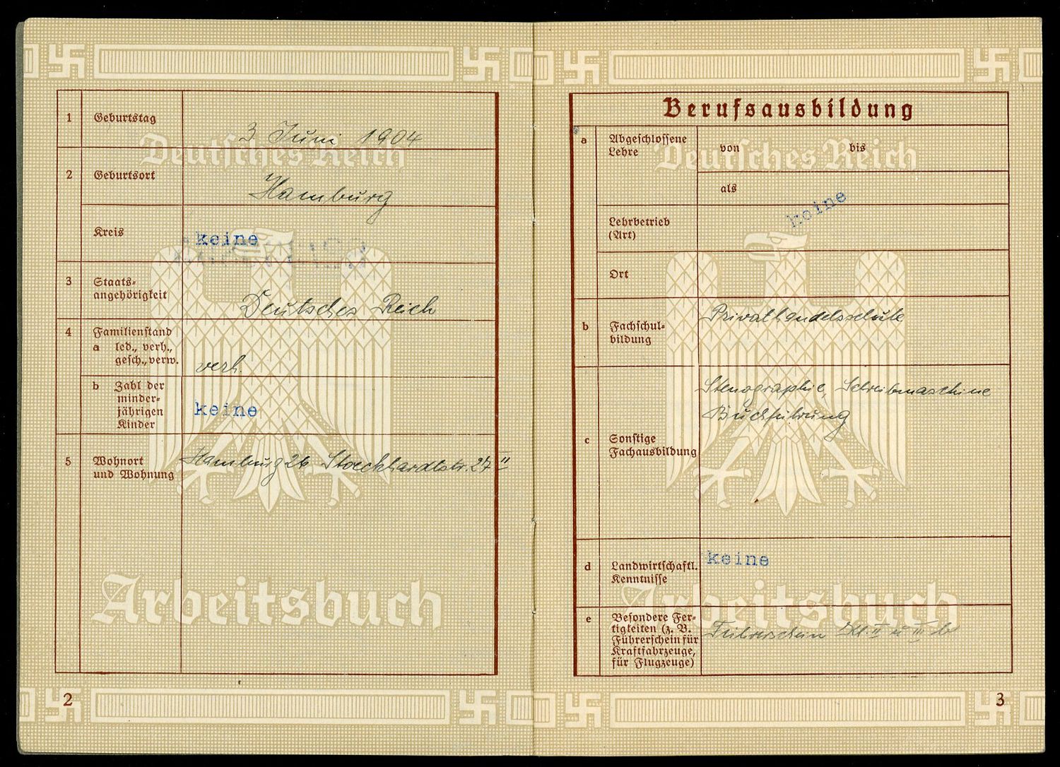 Z FACEBOOK AUCTION - 1st Pattern German Arbeitsbuch 10 Year Work History 1933 to 1943 WW2, STARTING BID $12 *
