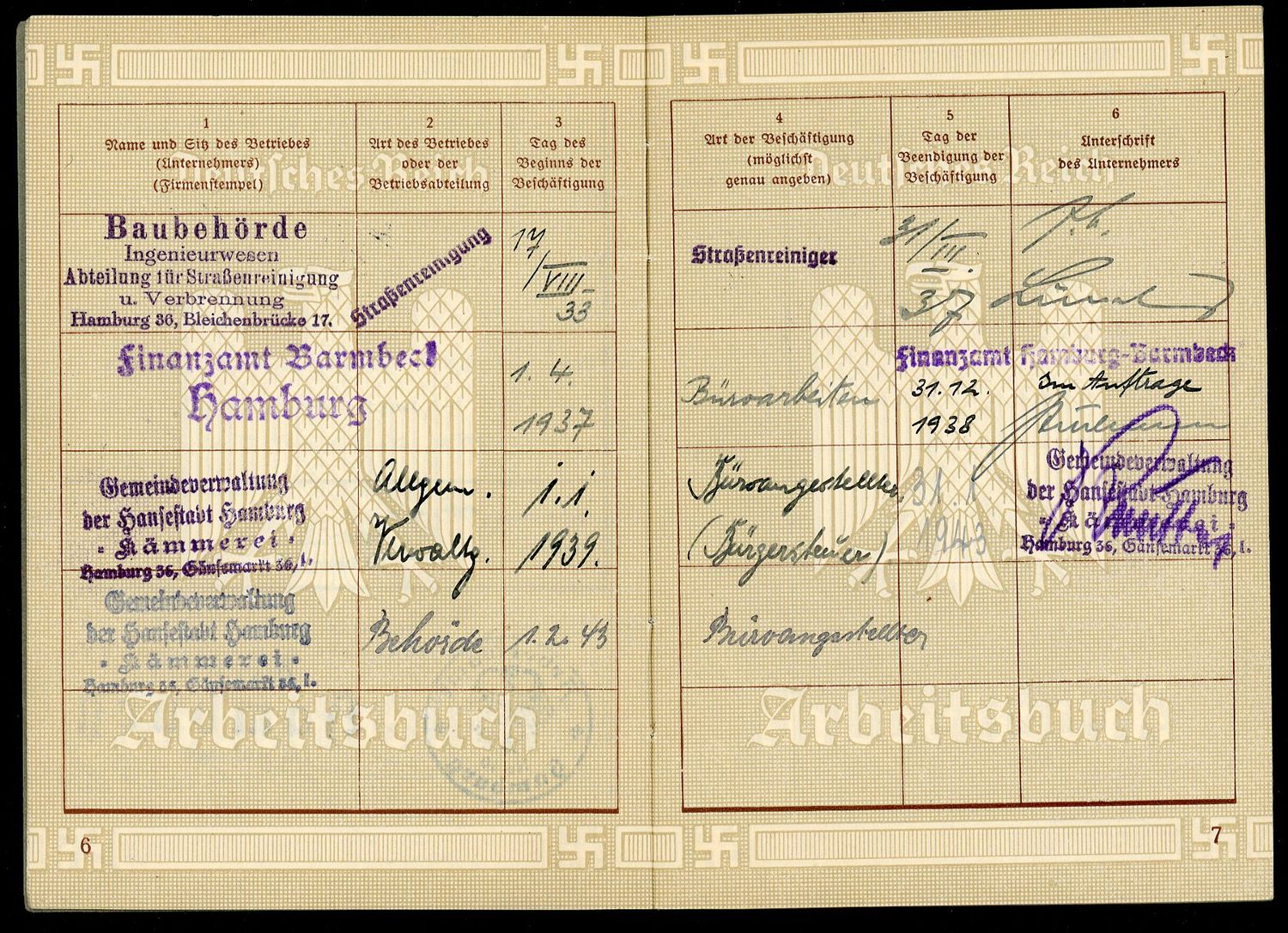 Z FACEBOOK AUCTION - 1st Pattern German Arbeitsbuch 10 Year Work History 1933 to 1943 WW2, STARTING BID $12 *