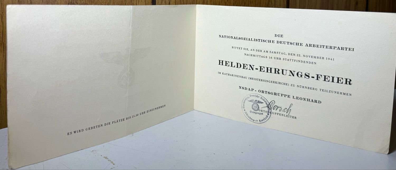 Z FACEBOOK AUCTION - OFFICIAL NSDAP REQUEST TO ATTEND HERO EVENT LATE 1941, ORTSGRUPPENLEITER SIGNATURE, STARTING BID $5*