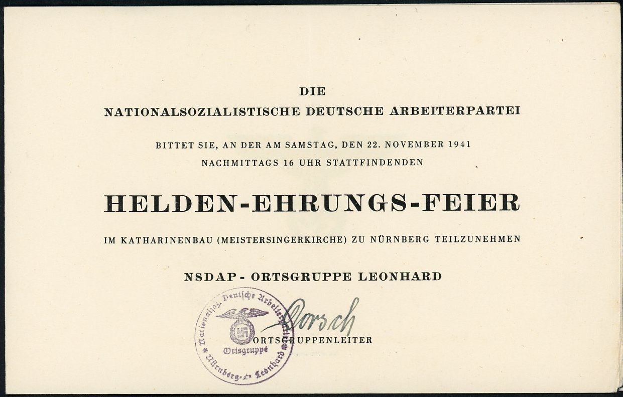Z FACEBOOK AUCTION - OFFICIAL NSDAP REQUEST TO ATTEND HERO EVENT LATE 1941, ORTSGRUPPENLEITER SIGNATURE, STARTING BID $5*