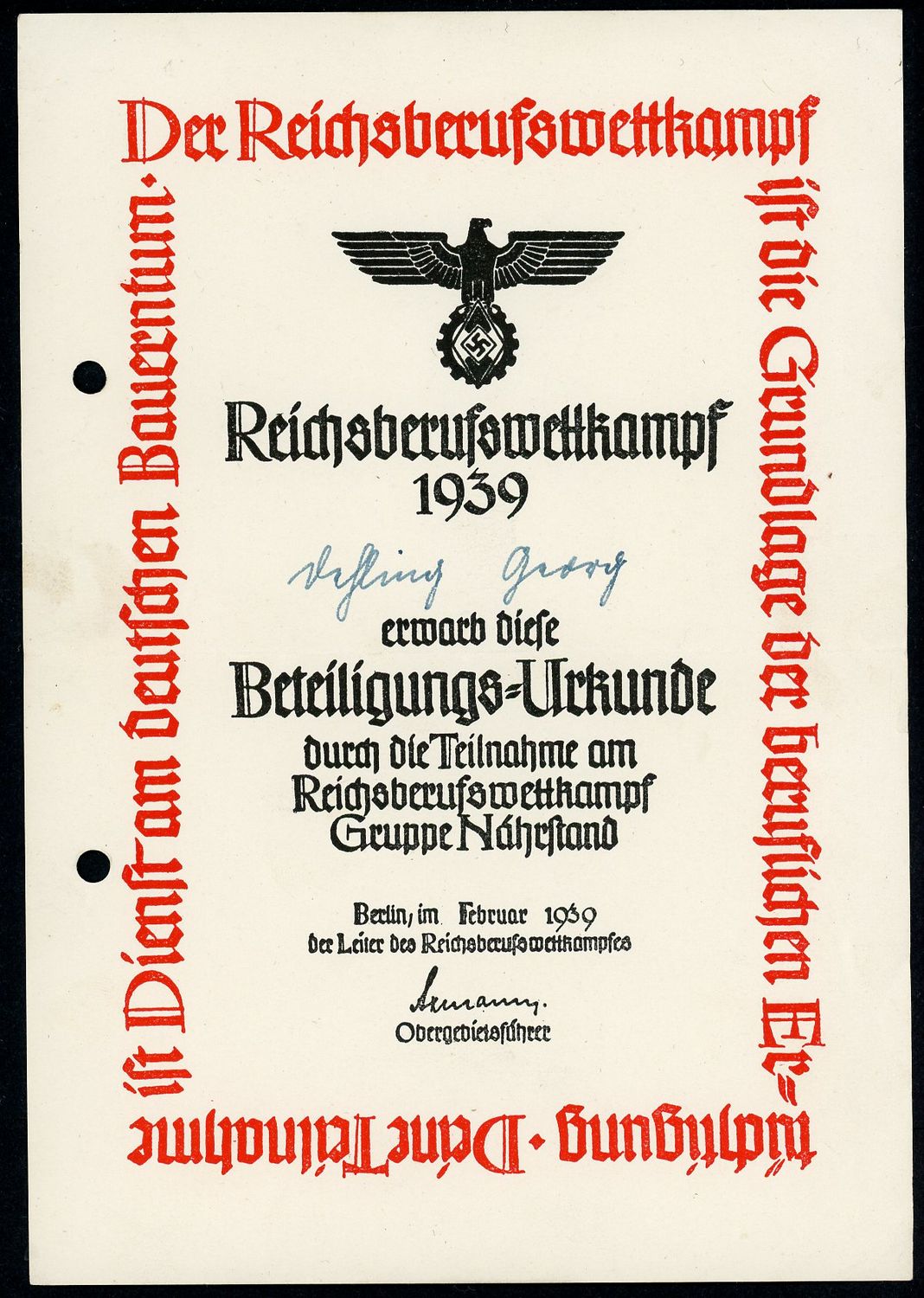 Z FACEBOOK AUCTION - German DAF + HJ Reich Vocational Competition Certificate From 1939, Starting Bid $5