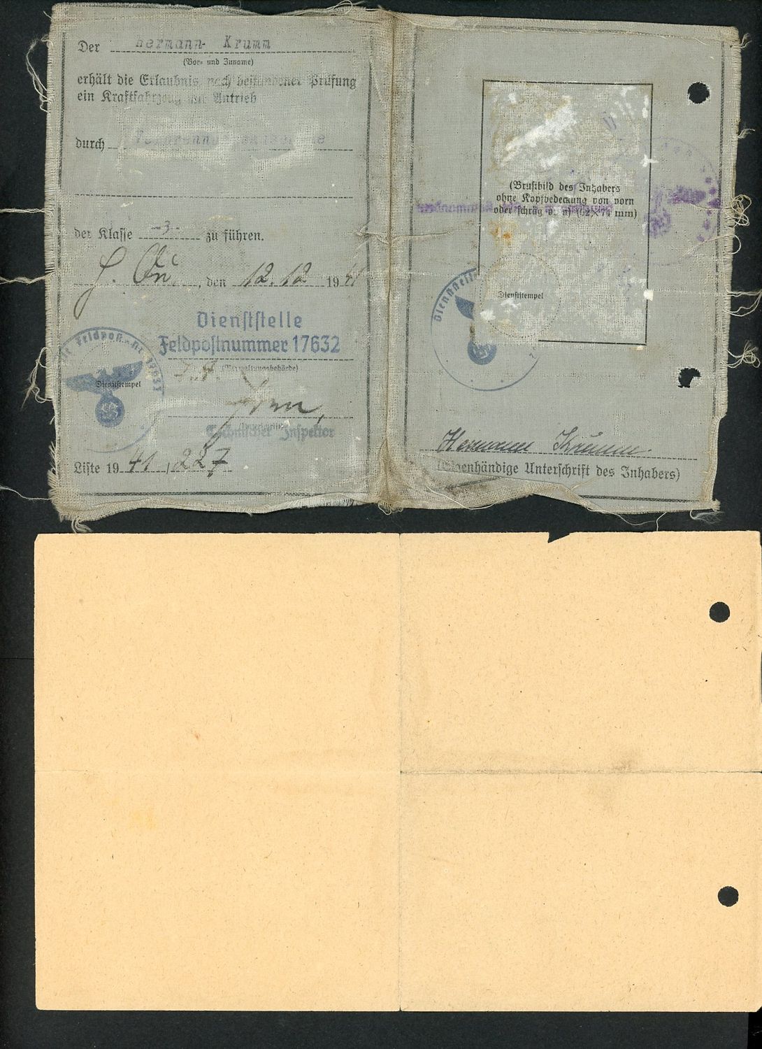 Z FACEBOOK AUCTION - Lot of 7 German Third Reich WW2 Documents: Wehrmacht Driver License, DAF Work Placement, Reichsbahn Waybill, Notarized Deed, Winter Relief Meeting Late 1933, Starting Bid $5