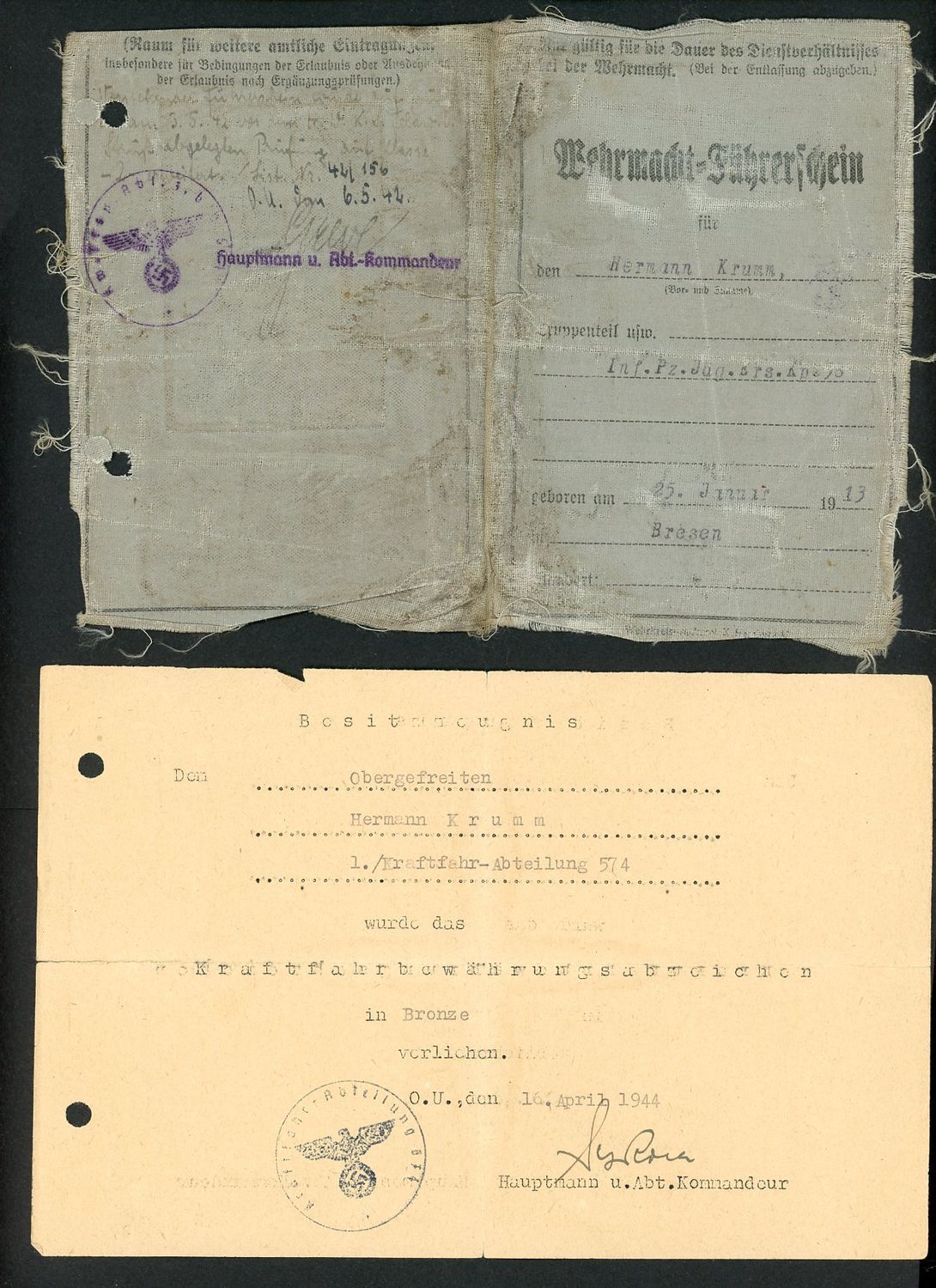 Z FACEBOOK AUCTION - Lot of 7 German Third Reich WW2 Documents: Wehrmacht Driver License, DAF Work Placement, Reichsbahn Waybill, Notarized Deed, Winter Relief Meeting Late 1933, Starting Bid $5