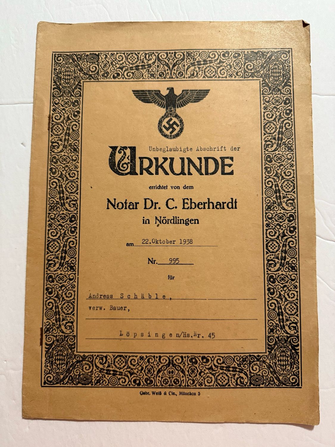 Z FACEBOOK AUCTION - Lot of 7 German Third Reich WW2 Documents: Wehrmacht Driver License, DAF Work Placement, Reichsbahn Waybill, Notarized Deed, Winter Relief Meeting Late 1933, Starting Bid $5