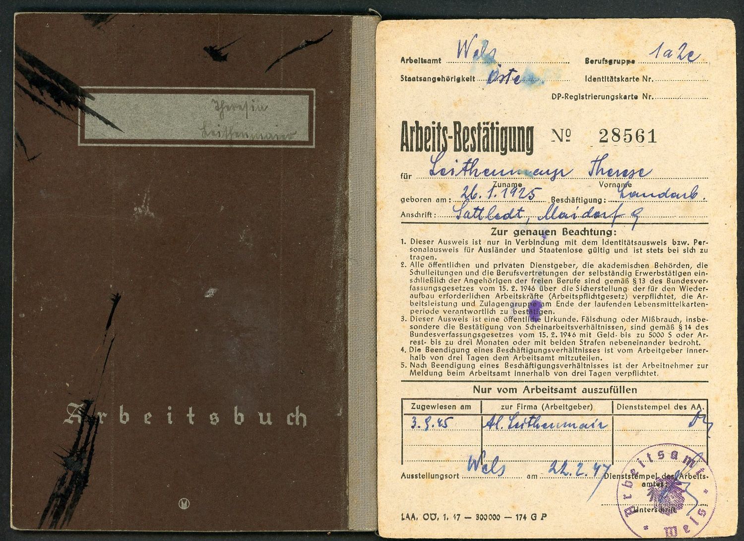 Z FACEBOOK AUCTION - German WW2 Arbeitsbuch For Woman, Still Used After The War + Late 1940s Work Record Card, STARTING BID $12 *