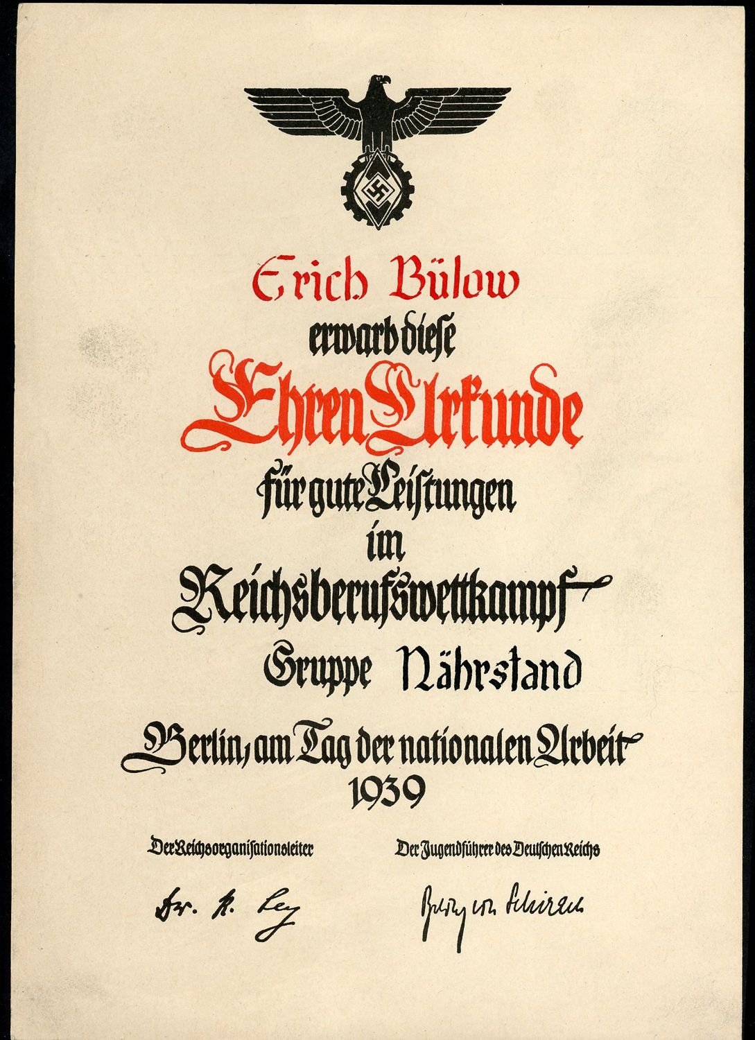 Z FACEBOOK AUCTION - German DAF + HJ Ehren Urkunde Certificate For Reich Vocational Competition Gruppe Narhstand 1939, STARTING BID $5 *