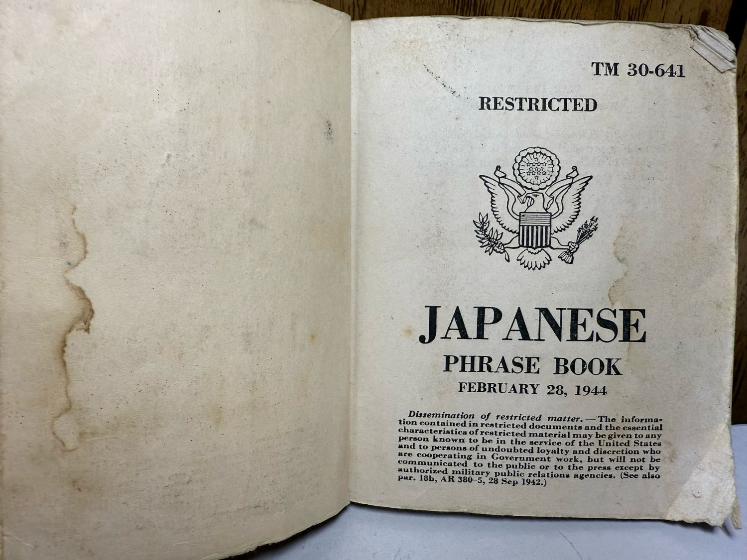 Z FACEBOOK AUCTION - WW2 American US War Department Japanese Phrase Book, Dated February 28th, 1944, STARTING BID $5 *