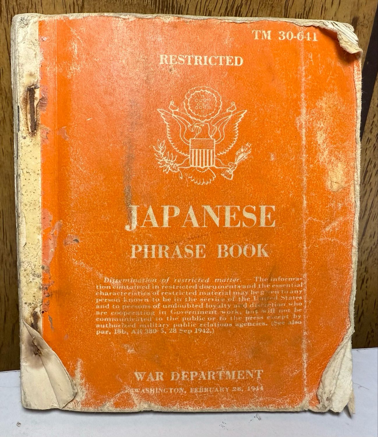 Z FACEBOOK AUCTION - WW2 American US War Department Japanese Phrase Book, Dated February 28th, 1944, STARTING BID $5 *