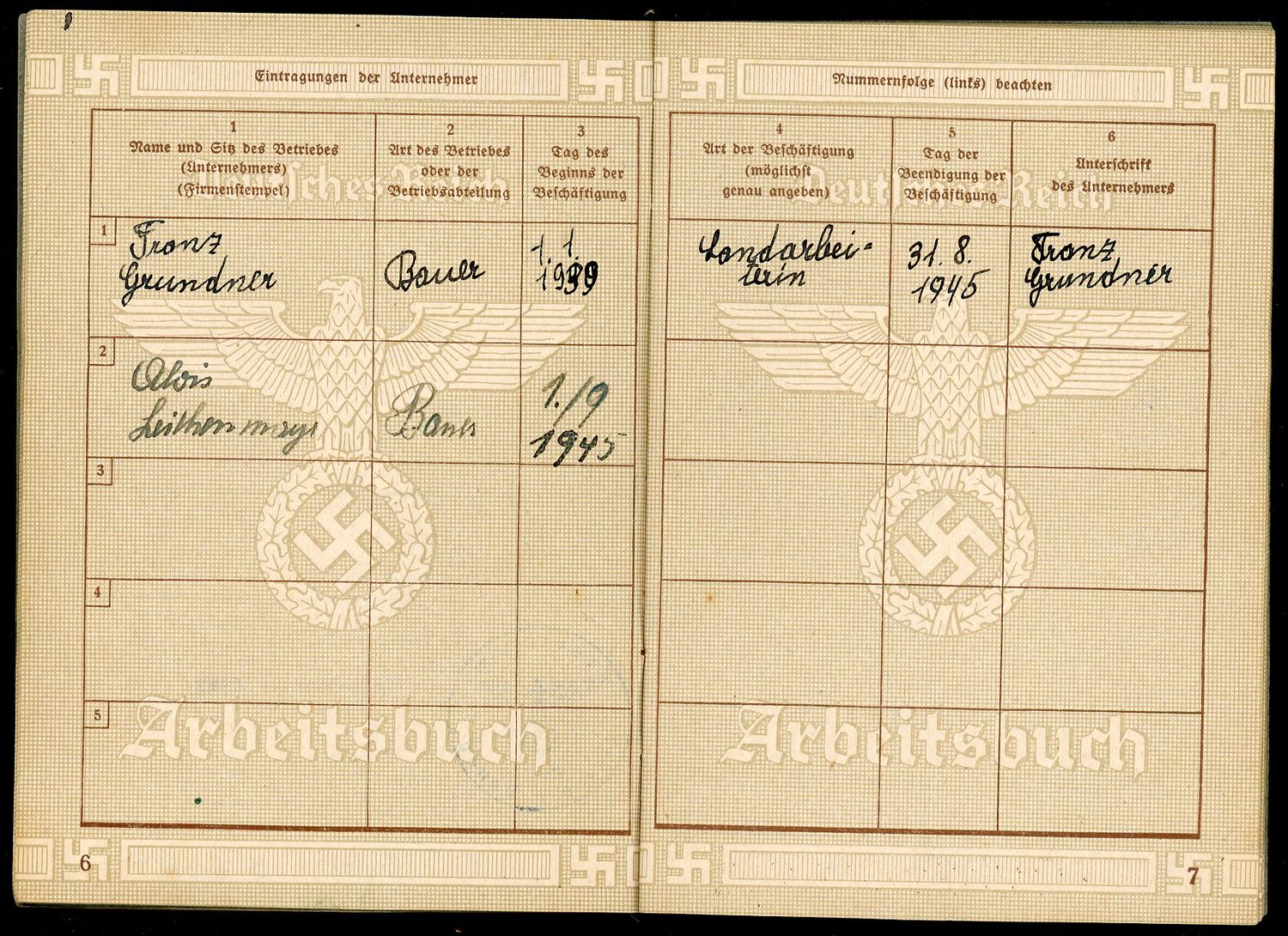 Z FACEBOOK AUCTION - German WW2 Arbeitsbuch For Woman, Still Used After The War + Late 1940s Work Record Card, STARTING BID $12 *