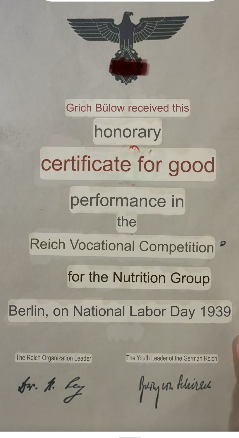 Z FACEBOOK AUCTION - German DAF + HJ Ehren Urkunde Certificate For Reich Vocational Competition Gruppe Narhstand 1939, STARTING BID $5 *