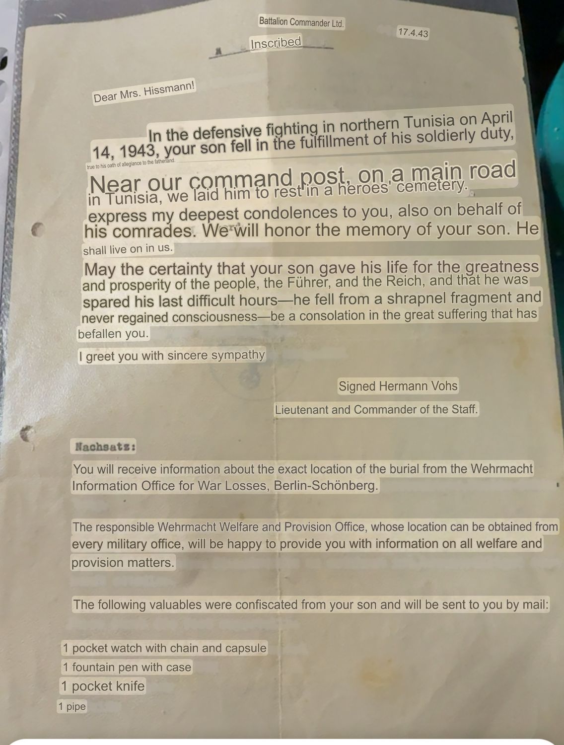 Z FACEBOOK AUCTION - German AFRIKA KORPS Soldier Death Notice + Letter From Unit Officer, STARTING BID $5