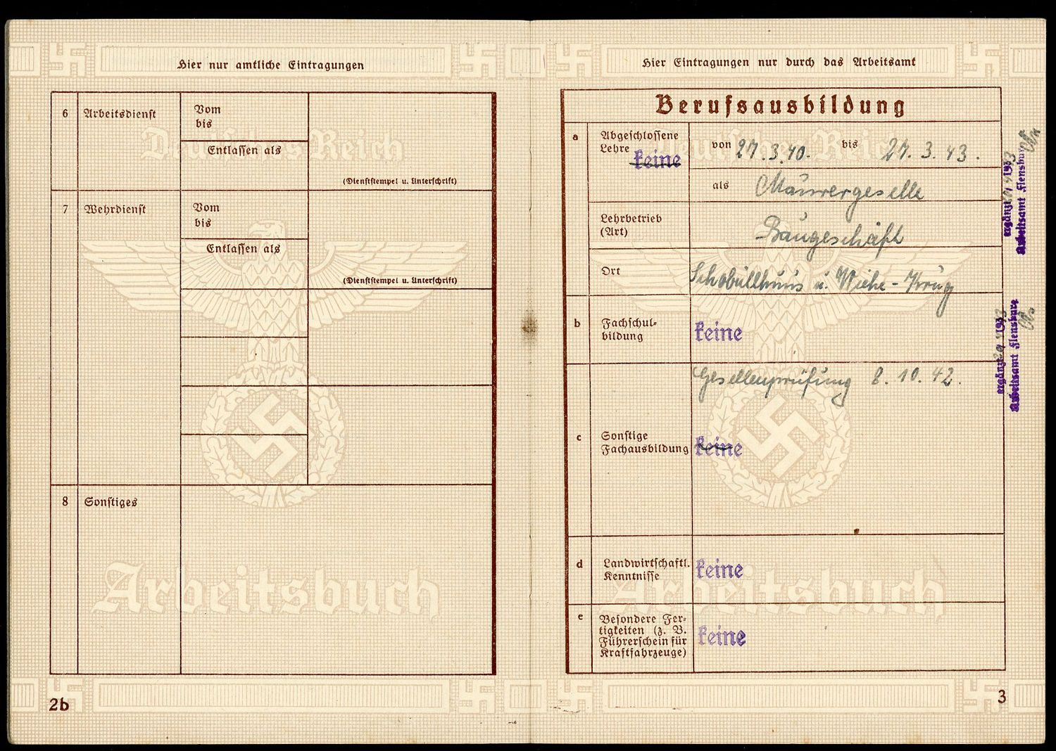 Z FACEBOOK AUCTION - 2nd Pattern German WW2 Arbeitsbuch For Teenager Working From 1940 - 1943, STARTING BID $12 *