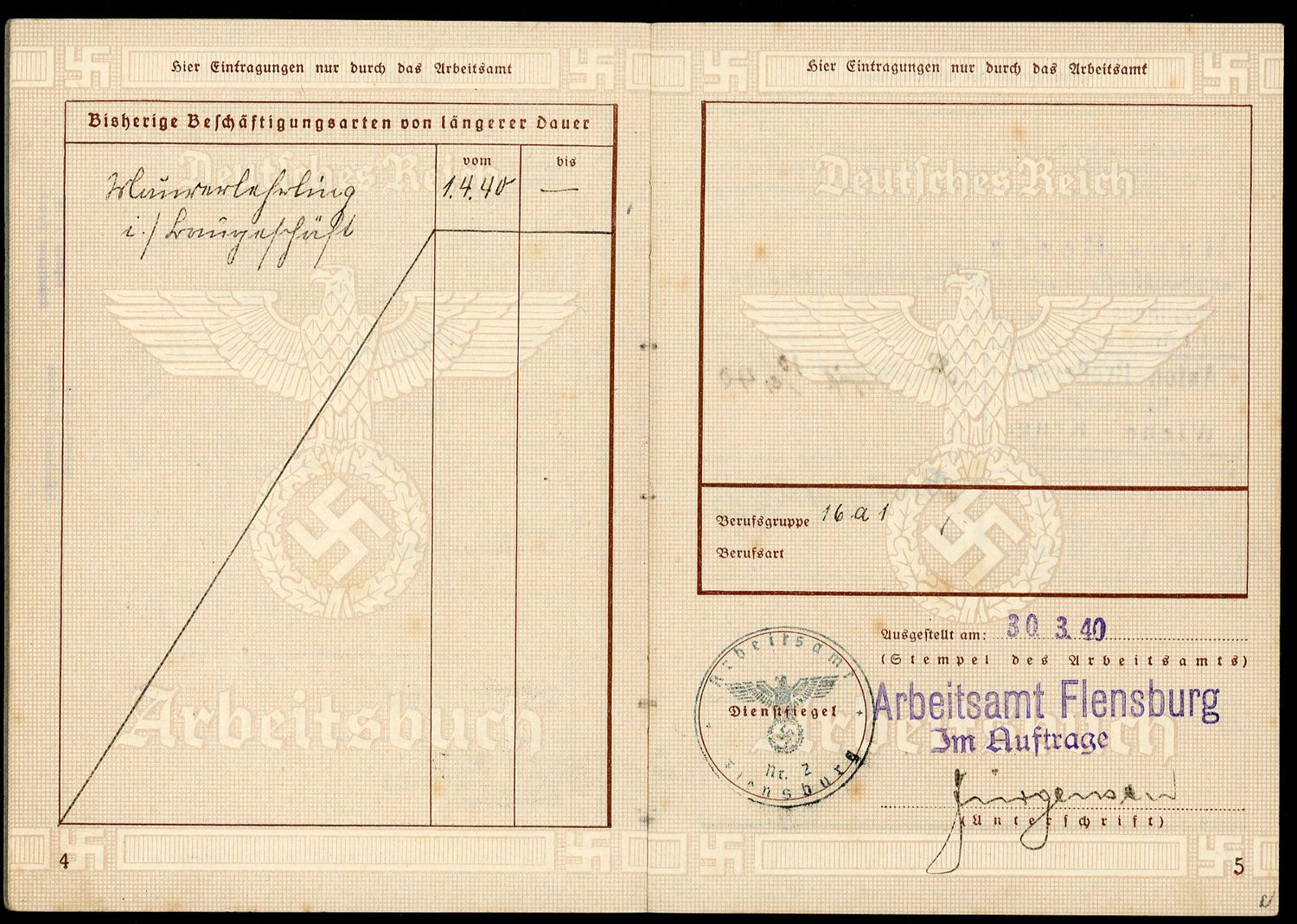 Z FACEBOOK AUCTION - 2nd Pattern German WW2 Arbeitsbuch For Teenager Working From 1940 - 1943, STARTING BID $12 *
