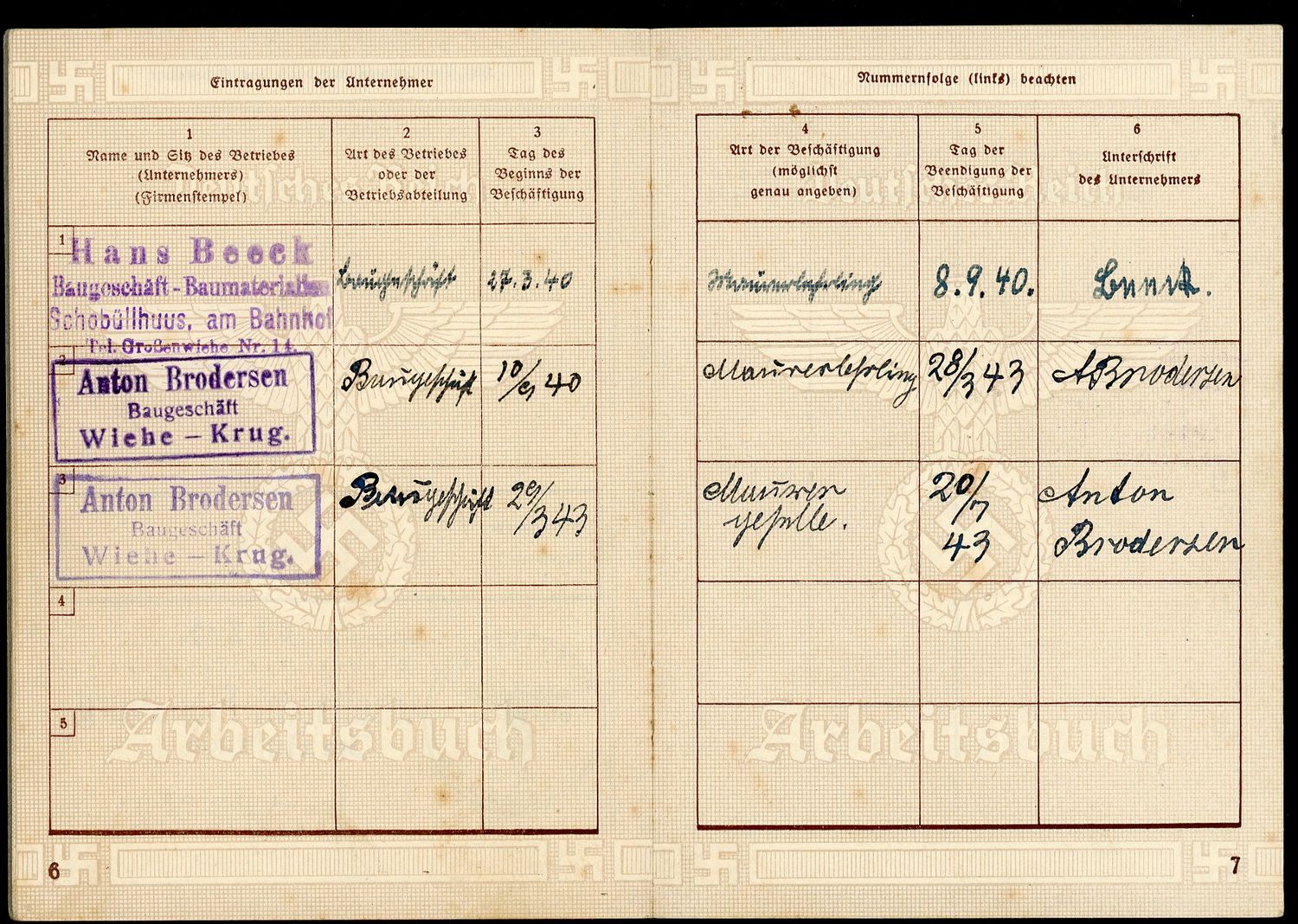 Z FACEBOOK AUCTION - 2nd Pattern German WW2 Arbeitsbuch For Teenager Working From 1940 - 1943, STARTING BID $12 *