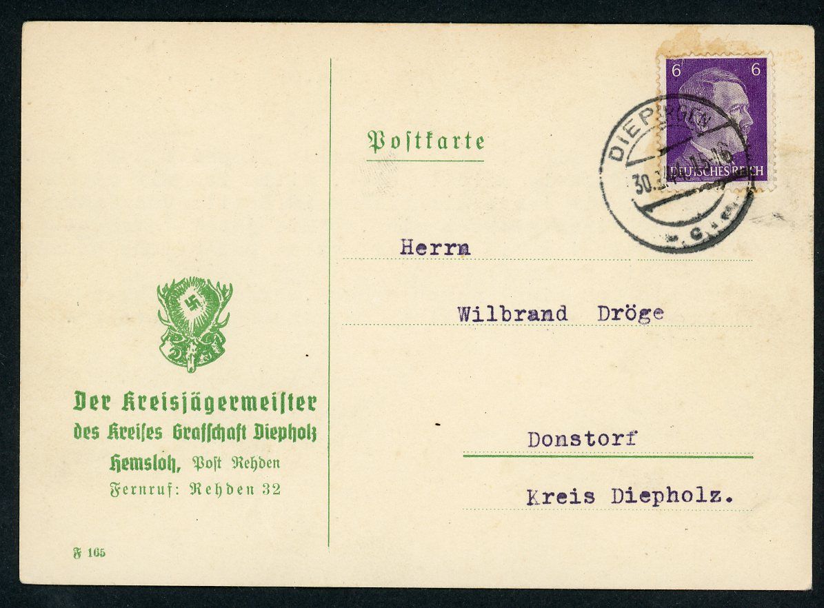 Z FACEBOOK AUCTION - Rare German Hunting Association Postcard For Man Needing a Hunting License, Adolf Postage Stamp 1943, STARTING BID $5 *