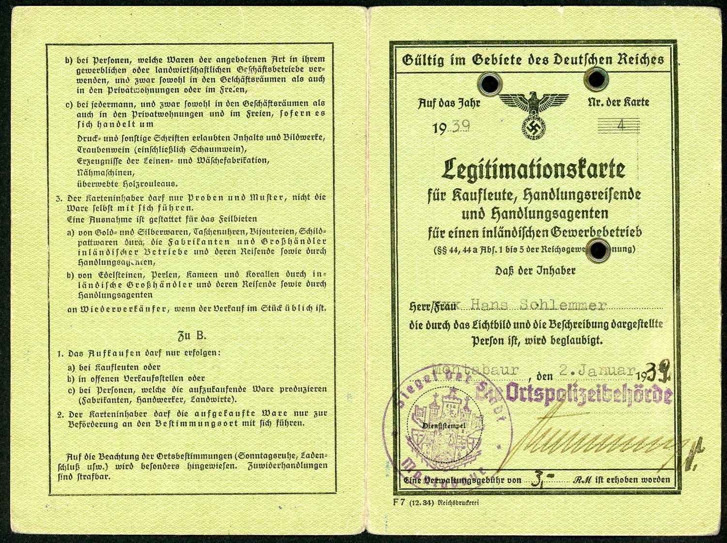Z FACEBOOK AUCTION - German Third Reich ID Card For Traveling Saleman, Merchants, Etc. LEGITIMATIONSKARTE, 1939, STARTING BID $5
