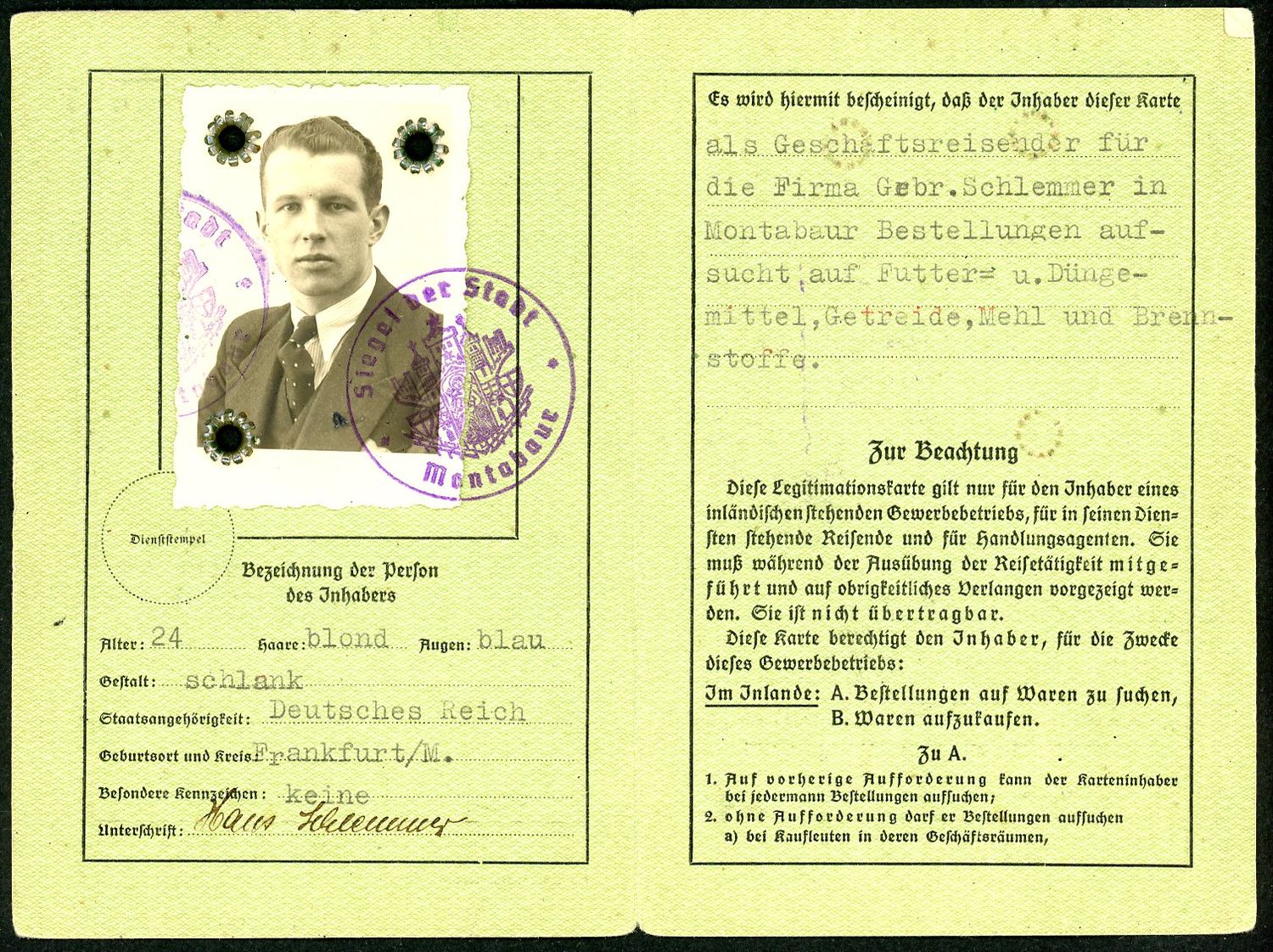 Z FACEBOOK AUCTION - German Third Reich ID Card For Traveling Saleman, Merchants, Etc. LEGITIMATIONSKARTE, 1939, STARTING BID $5