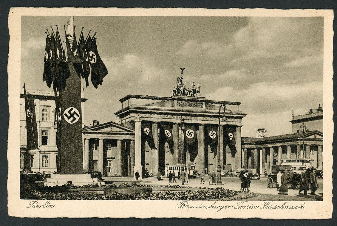 Z FACEBOOK AUCTION - 1940 Postcard Brandenburg Gate Berlin Covered in Massive Size Swaz Banner Flags, STARTING BID $5