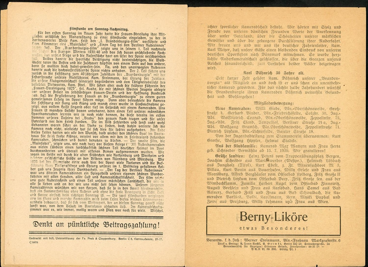 Z FACEBOOK AUCTION - German Berlin Rowing Club Newsletter August 1939 Sport Eagle &amp; Swaz, Starting Bid $5