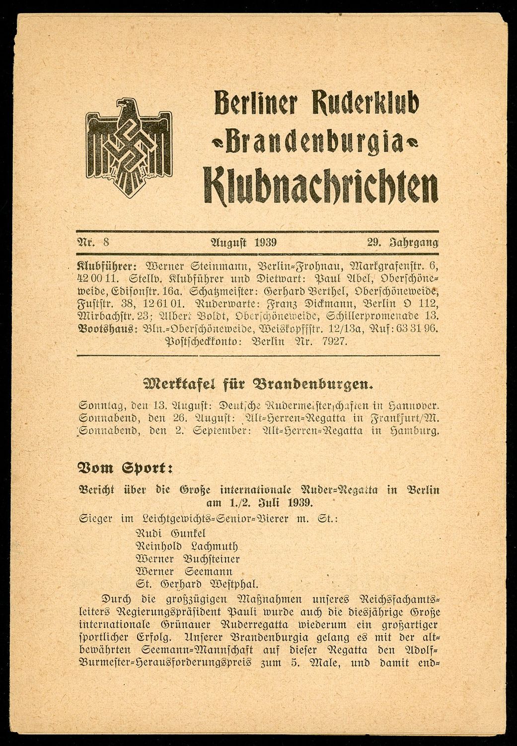 Z FACEBOOK AUCTION - German Berlin Rowing Club Newsletter August 1939 Sport Eagle &amp; Swaz, Starting Bid $5