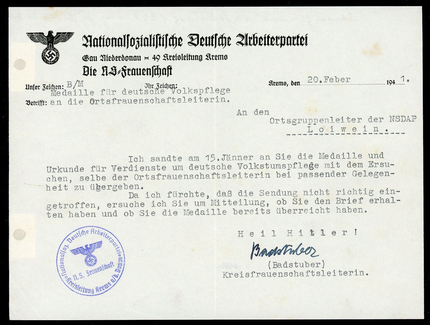 Z FACEBOOK AUCTION - NSDAP NS Frauenschaft Document About Medal and Award Letter Lost In Mail Signed Heil H! 1941, STARTING BID $5