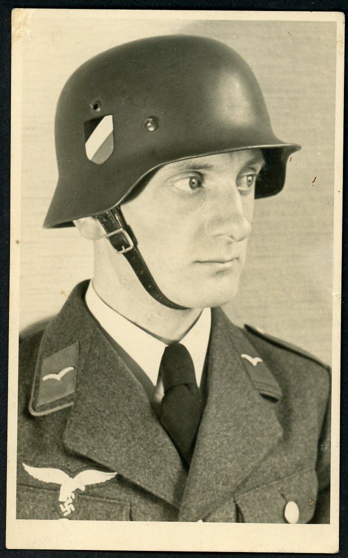 Z FACEBOOK AUCTION - Great Portrait Photo of Luftwaffe Soldier in M35 Double Decal Combat Helmet, STARTING BID $5