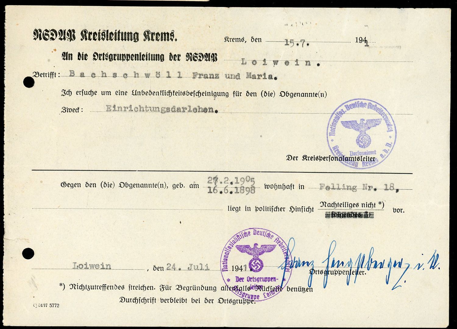 Z FACEBOOK AUCTION - NSDAP Kreisleitung Krems Austria Document For Furniture Loan July 1941, STARTING BID $5