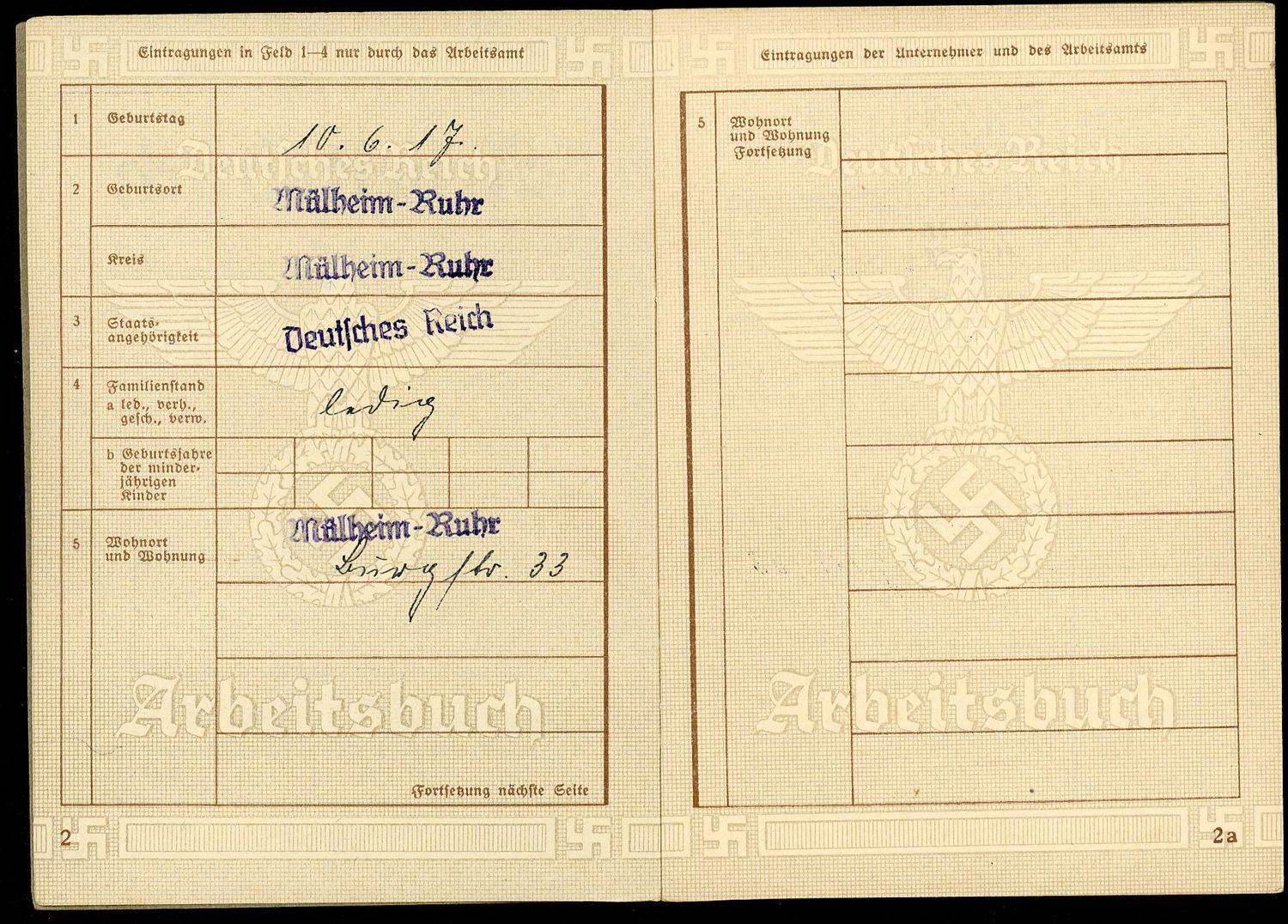 Z FACEBOOK AUCTION - German WW2 2nd Pattern Arbeitsbuch Used Through The End of 1945, RAD Service, Iron Worker, STARTING BID $12 *