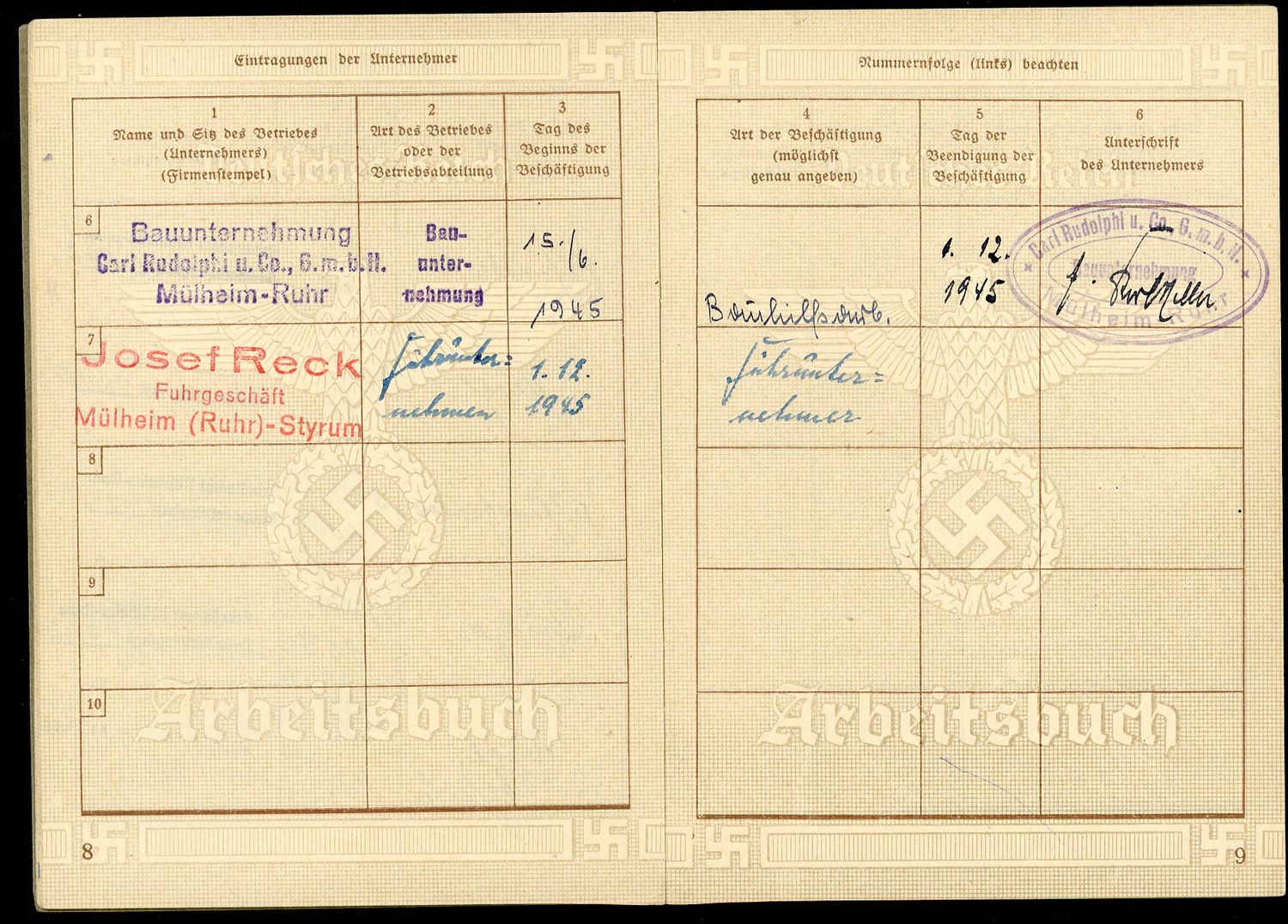 Z FACEBOOK AUCTION - German WW2 2nd Pattern Arbeitsbuch Used Through The End of 1945, RAD Service, Iron Worker, STARTING BID $12 *