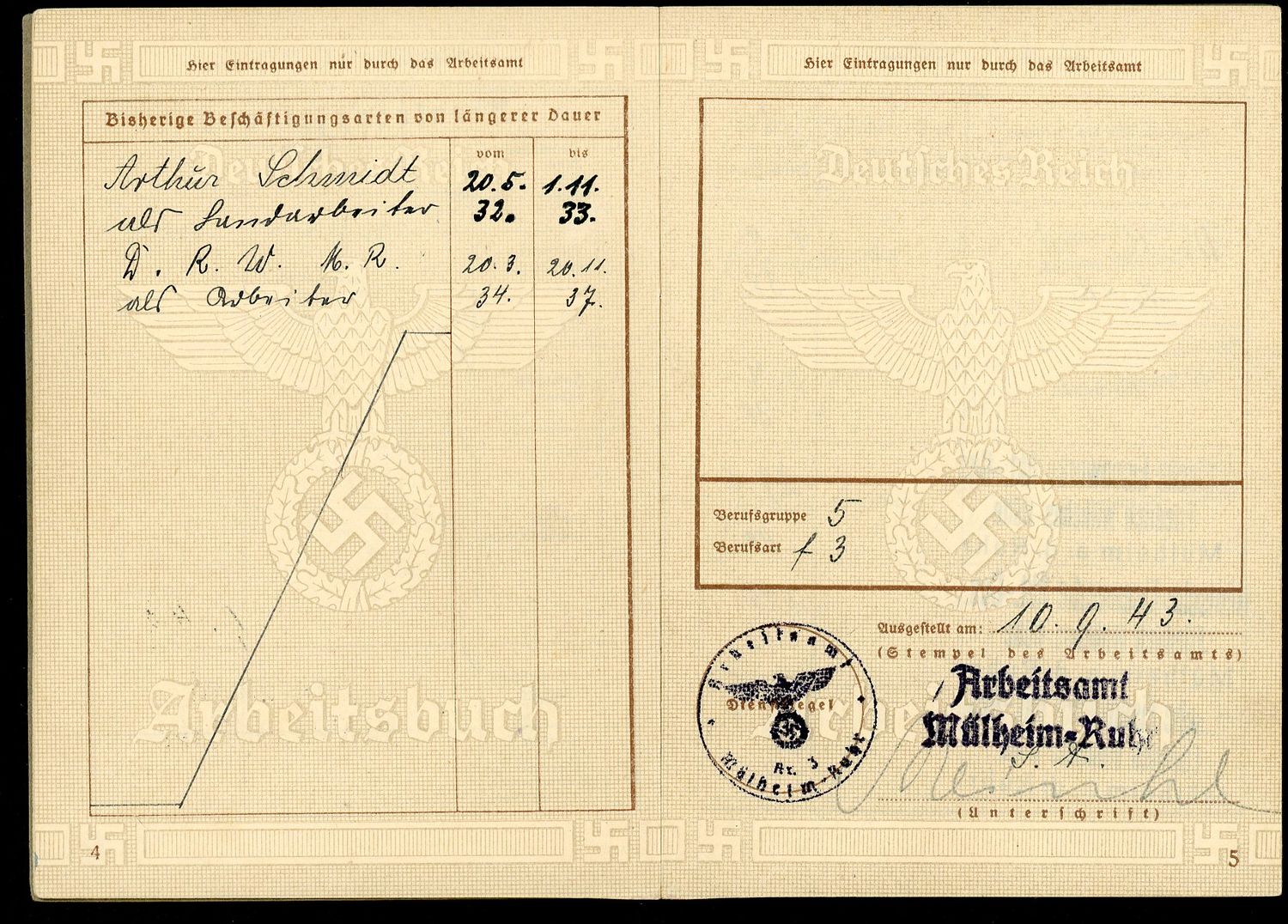 Z FACEBOOK AUCTION - German WW2 2nd Pattern Arbeitsbuch Used Through The End of 1945, RAD Service, Iron Worker, STARTING BID $12 *