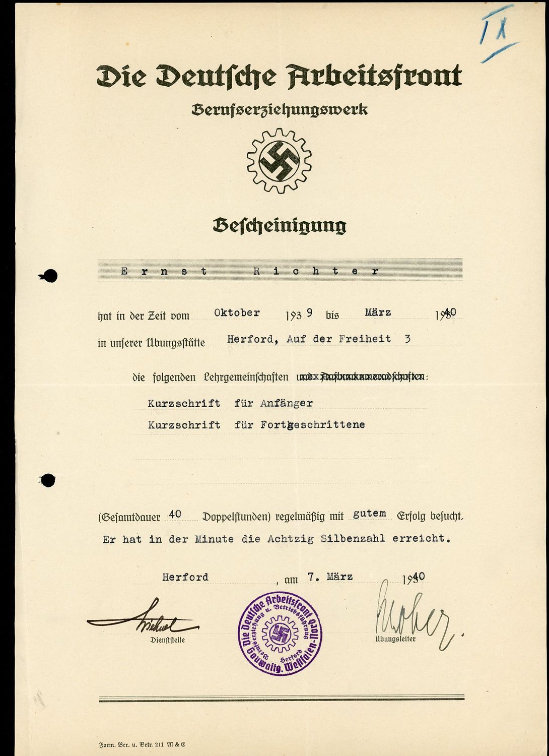 Z FACEBOOK AUCTION - DAF Certificate For Learning Shorthand, Double Cog Wheel Swaz, 1940, STARTING BID $5 *