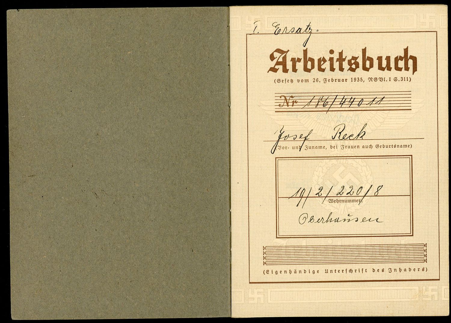 Z FACEBOOK AUCTION - German WW2 2nd Pattern Arbeitsbuch Used Through The End of 1945, RAD Service, Iron Worker, STARTING BID $12 *