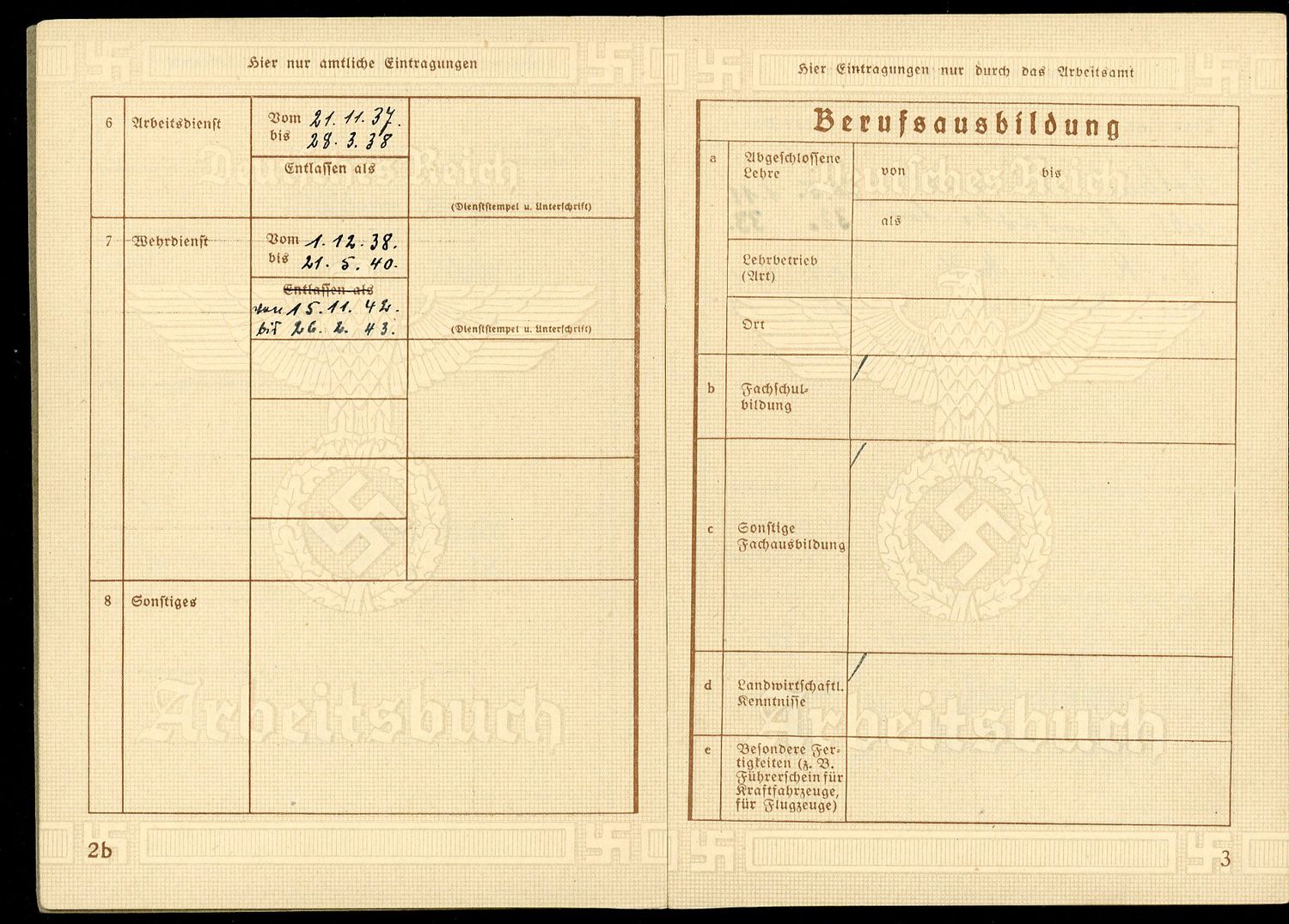 Z FACEBOOK AUCTION - German WW2 2nd Pattern Arbeitsbuch Used Through The End of 1945, RAD Service, Iron Worker, STARTING BID $12 *