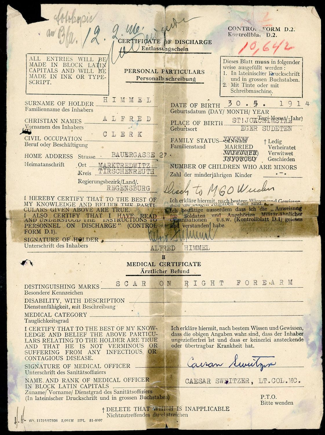 Z FACEBOOK AUCTION - German WW2 Soldier Discharge Letter Under American Occupation, Counter Signed By A Captain Jack Agnew in 1945, STARTING BID $5 *