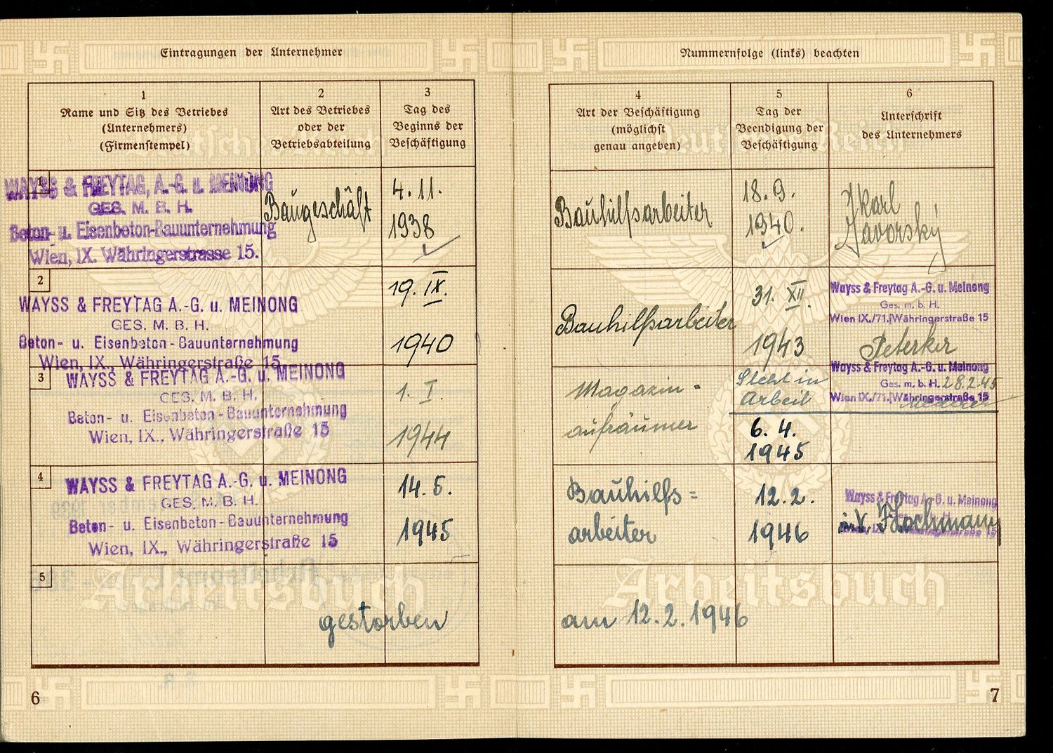 Z FACEBOOK AUCTION - German WW2 2nd Pattern Arbeitsbuch, Reinforced Concrete Worker, Entries Through Early 1946, STARTING BID $12 *