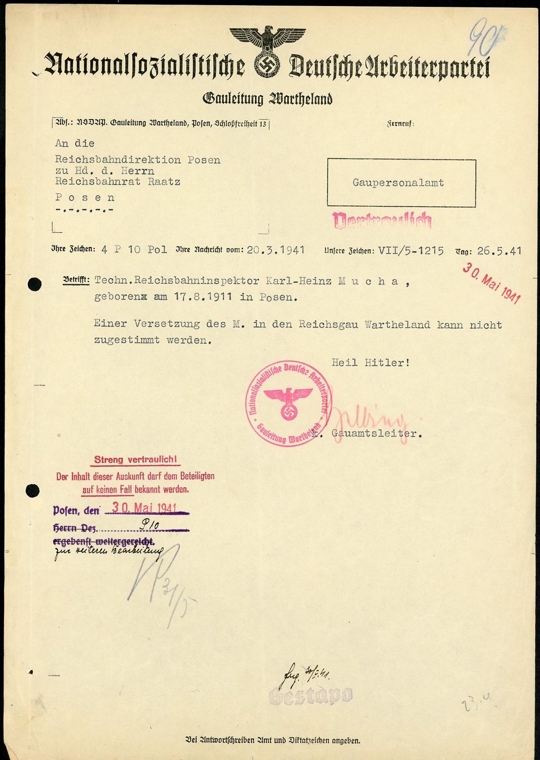 Z FACEBOOK AUCTION - GESTAPO Countersigned NSDAP Letter About Reichsbahn Inspector, May 1941, STARTING BID $5 *