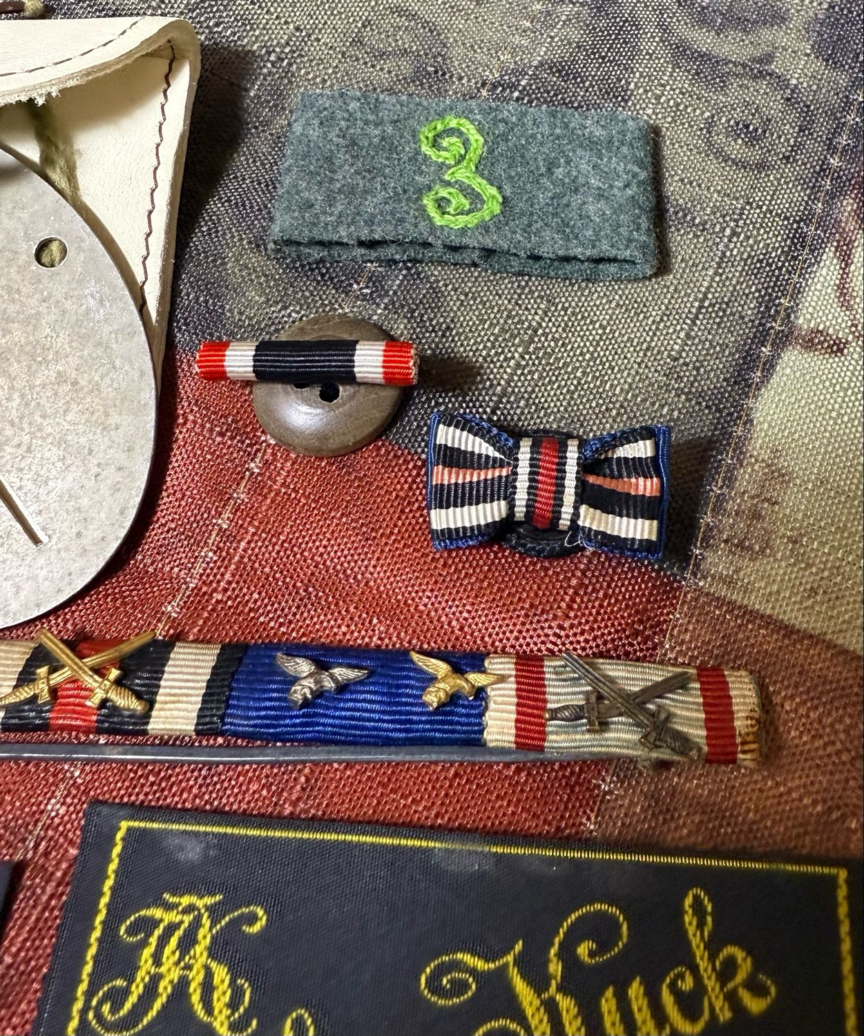Z FACEBOOK AUCTION - Lot of 8 German WW1 &amp; WW2 Items: ID Disc &amp; Pouch, Ribbon Bar, DAF Clothing Label, Slip On Regiment Cypher, Buttonhole Ribbons, STARTING BID $5 *