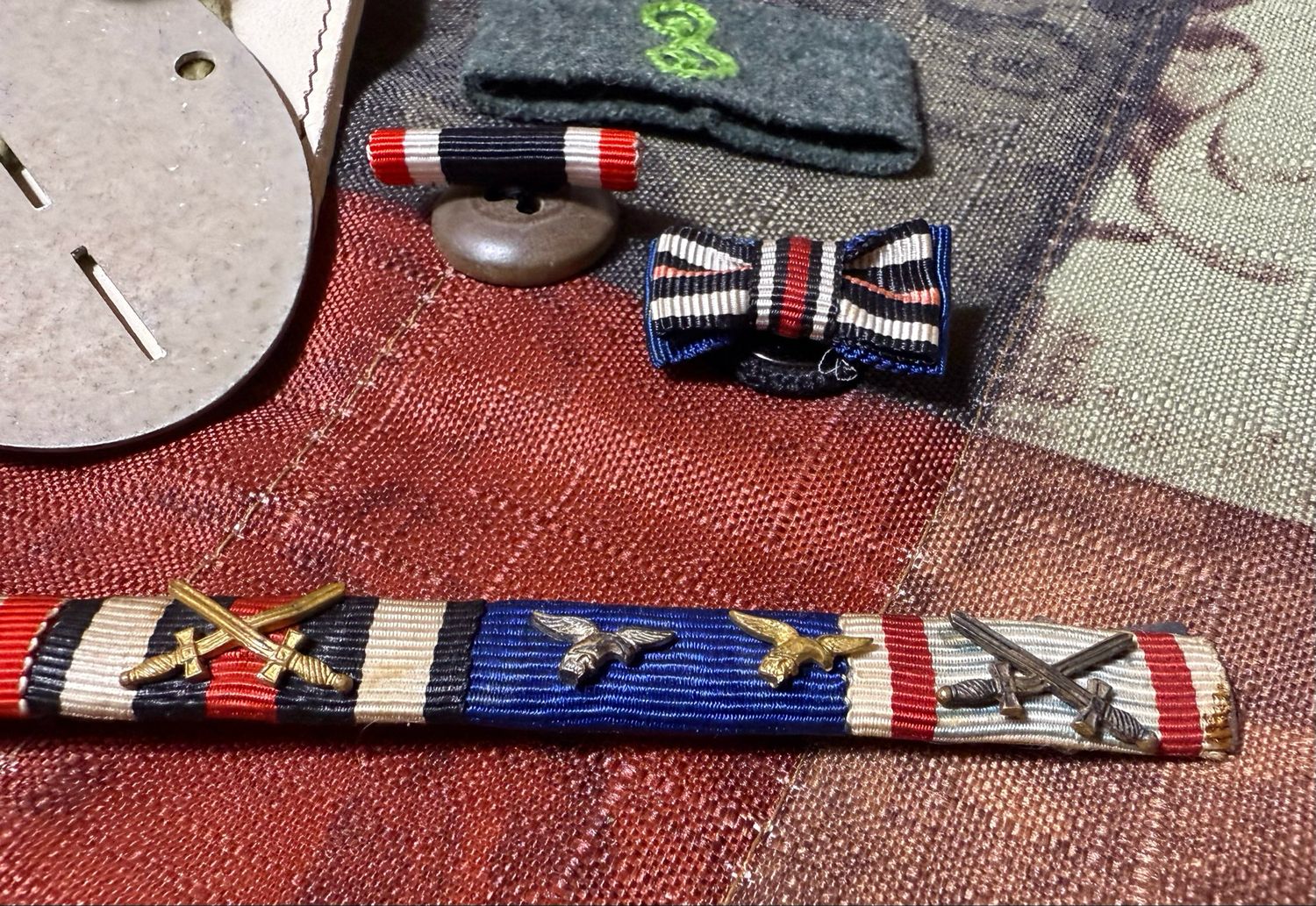 Z FACEBOOK AUCTION - Lot of 8 German WW1 &amp; WW2 Items: ID Disc &amp; Pouch, Ribbon Bar, DAF Clothing Label, Slip On Regiment Cypher, Buttonhole Ribbons, STARTING BID $5 *