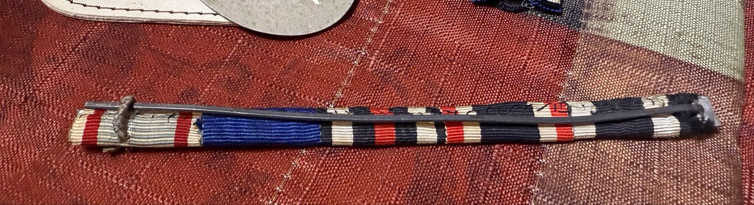 Z FACEBOOK AUCTION - Lot of 8 German WW1 &amp; WW2 Items: ID Disc &amp; Pouch, Ribbon Bar, DAF Clothing Label, Slip On Regiment Cypher, Buttonhole Ribbons, STARTING BID $5 *