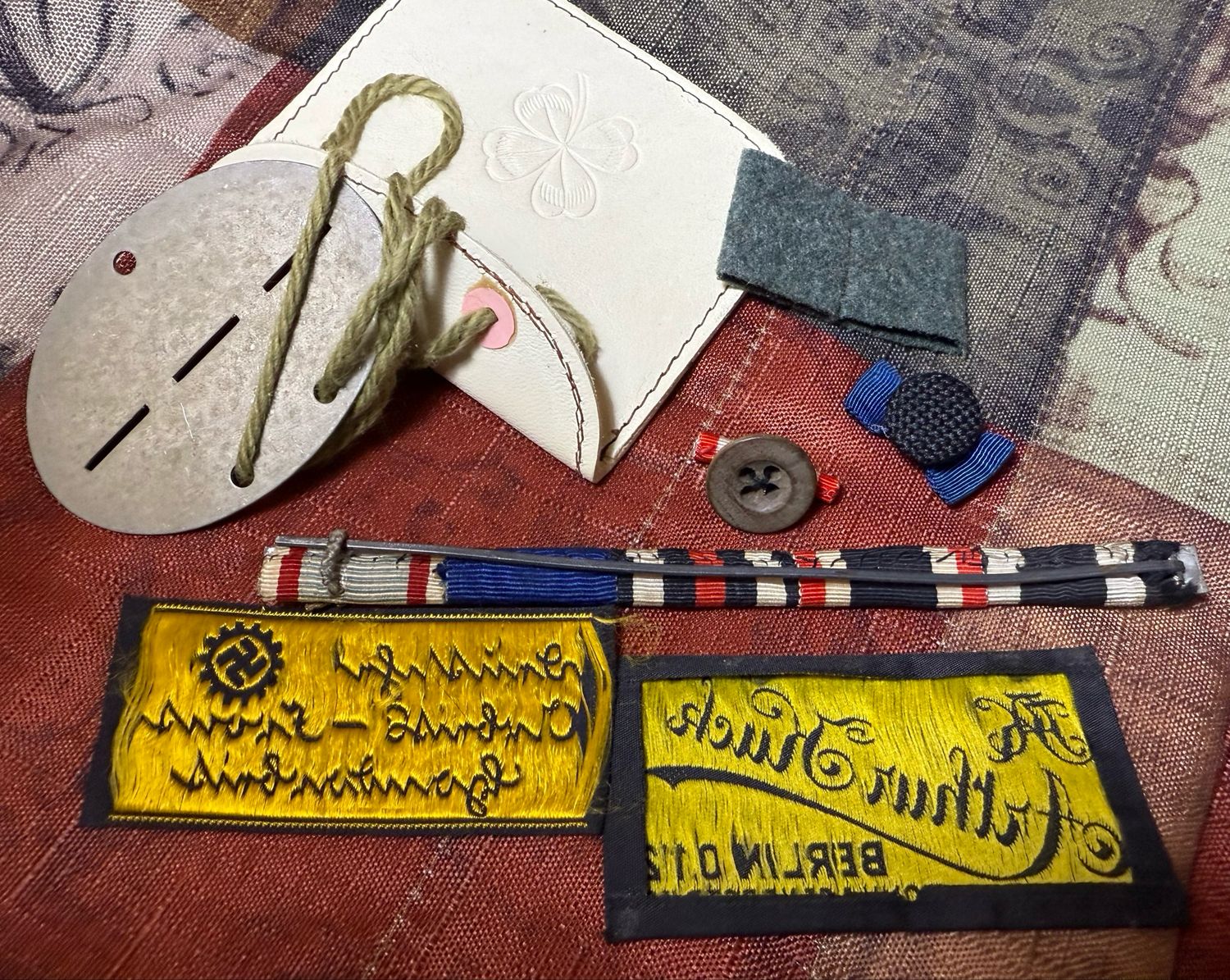Z FACEBOOK AUCTION - Lot of 8 German WW1 &amp; WW2 Items: ID Disc &amp; Pouch, Ribbon Bar, DAF Clothing Label, Slip On Regiment Cypher, Buttonhole Ribbons, STARTING BID $5 *