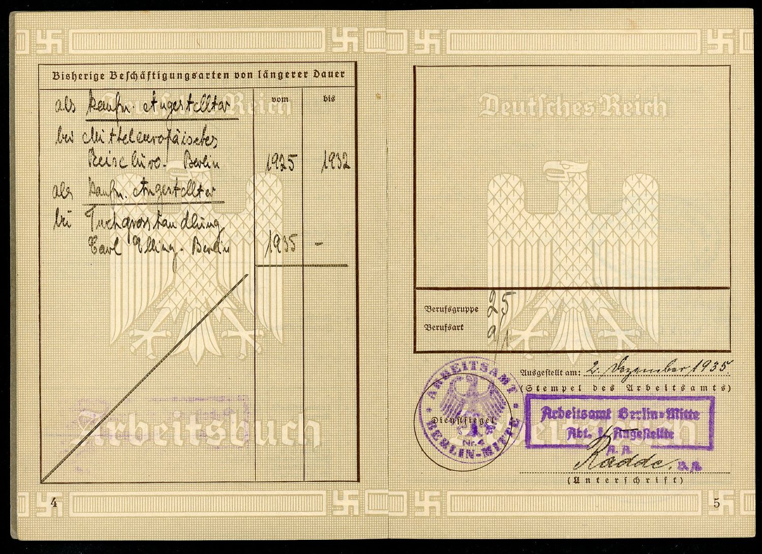 Z FACEBOOK AUCTION - German Arbeitsbuch, 1st Pattern, Worked For Siemens, Industrial 1935-39, STARTING BID $12  *