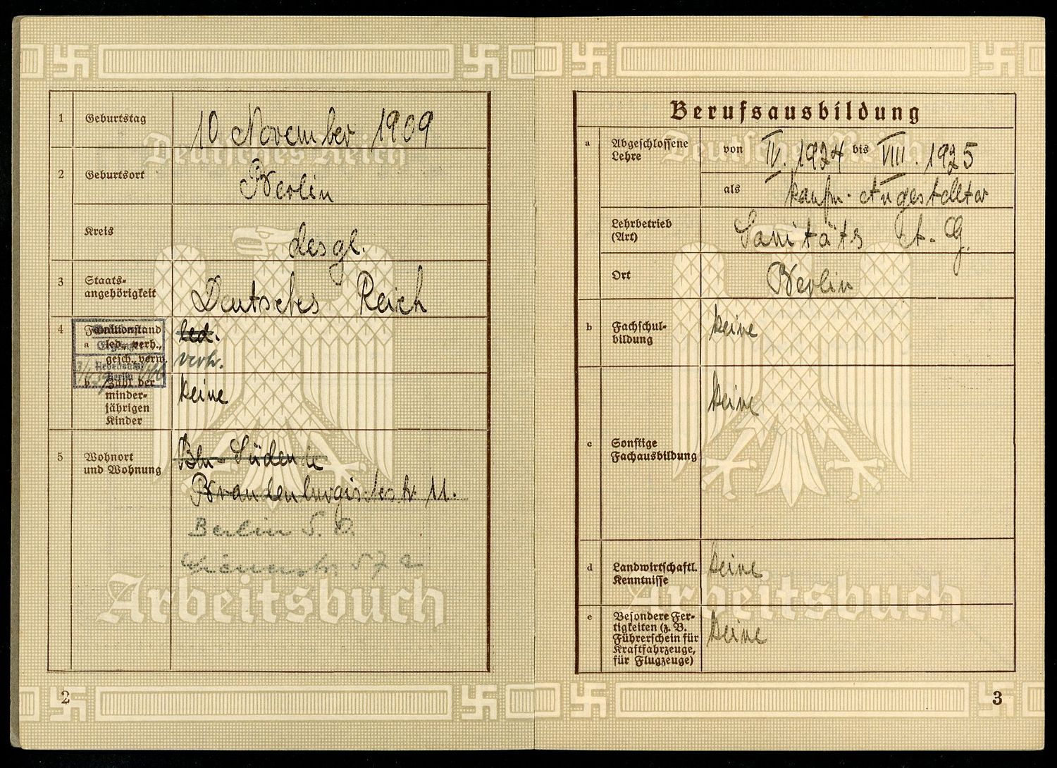 Z FACEBOOK AUCTION - German Arbeitsbuch, 1st Pattern, Worked For Siemens, Industrial 1935-39, STARTING BID $12  *
