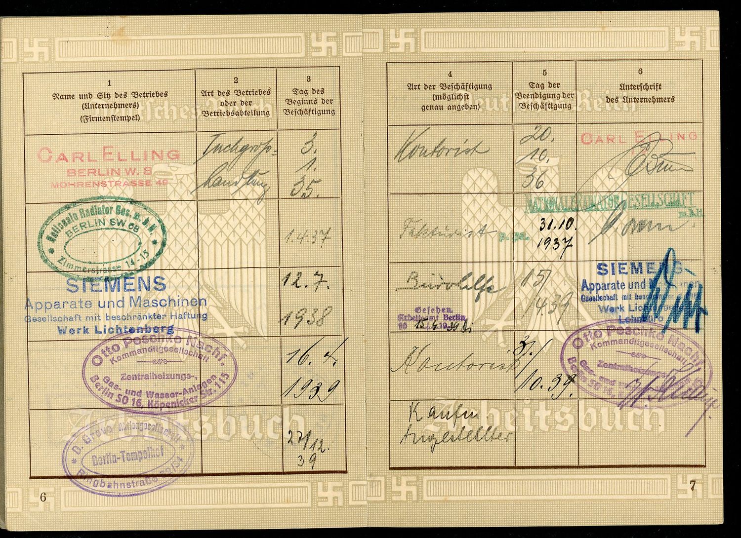 Z FACEBOOK AUCTION - German Arbeitsbuch, 1st Pattern, Worked For Siemens, Industrial 1935-39, STARTING BID $12  *