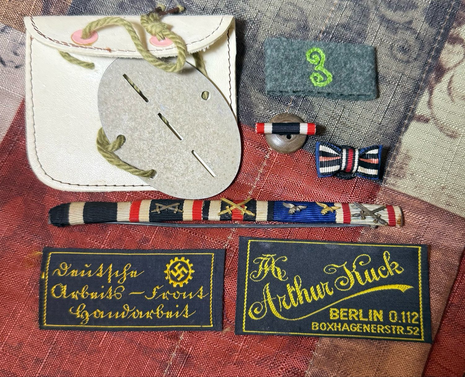 Z FACEBOOK AUCTION - Lot of 8 German WW1 &amp; WW2 Items: ID Disc &amp; Pouch, Ribbon Bar, DAF Clothing Label, Slip On Regiment Cypher, Buttonhole Ribbons, STARTING BID $5 *