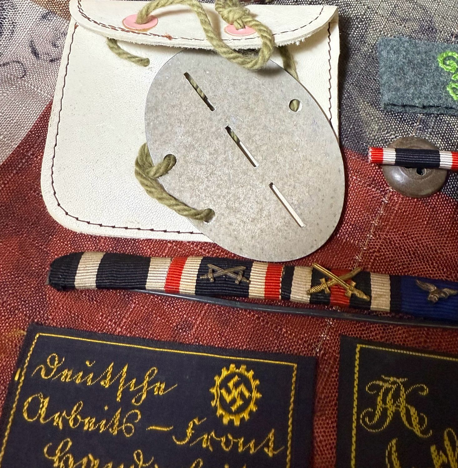 Z FACEBOOK AUCTION - Lot of 8 German WW1 &amp; WW2 Items: ID Disc &amp; Pouch, Ribbon Bar, DAF Clothing Label, Slip On Regiment Cypher, Buttonhole Ribbons, STARTING BID $5 *