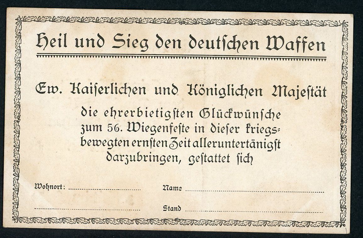 German WW1 Kaiser Wilhelm II 56th Birthday Postcard 1915 Wartime