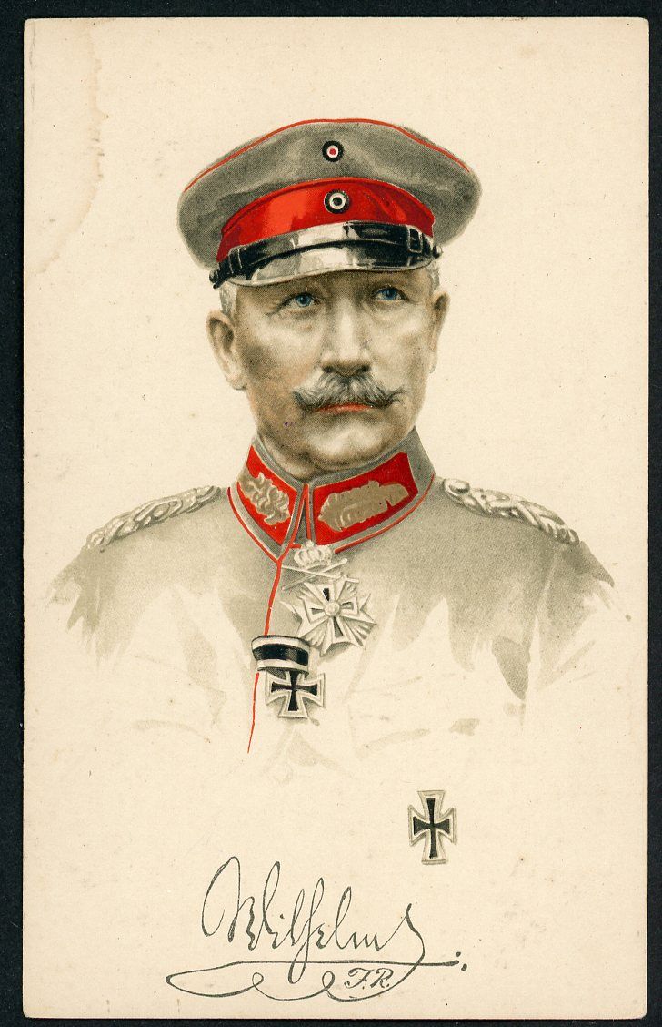 German WW1 Postcard - Color Illustrated Portrait Kaiser Wilhelm II EK1 EK2 Pour le Merite