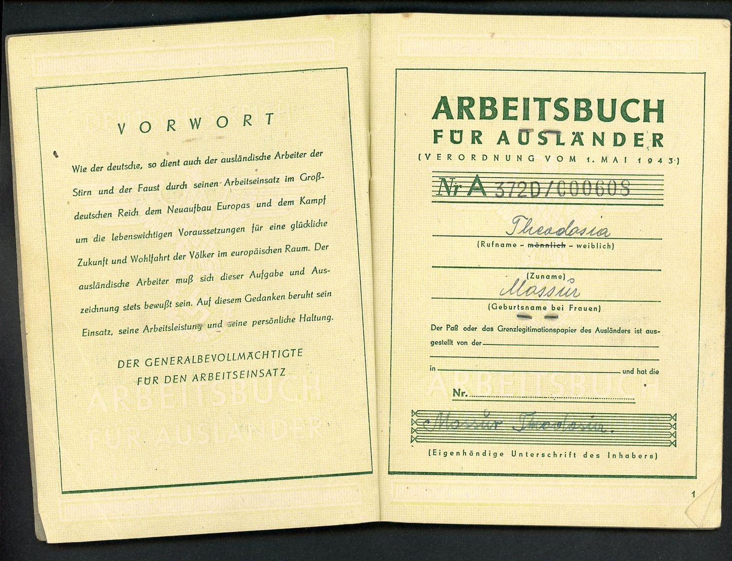 Z FACEBOOK AUCTION, RARE German WW2 Deutsches Reich Arbeitsbuch Fur Auslander Foreigner, Girl From Poland/Ukraine, STARTING BID $25 *