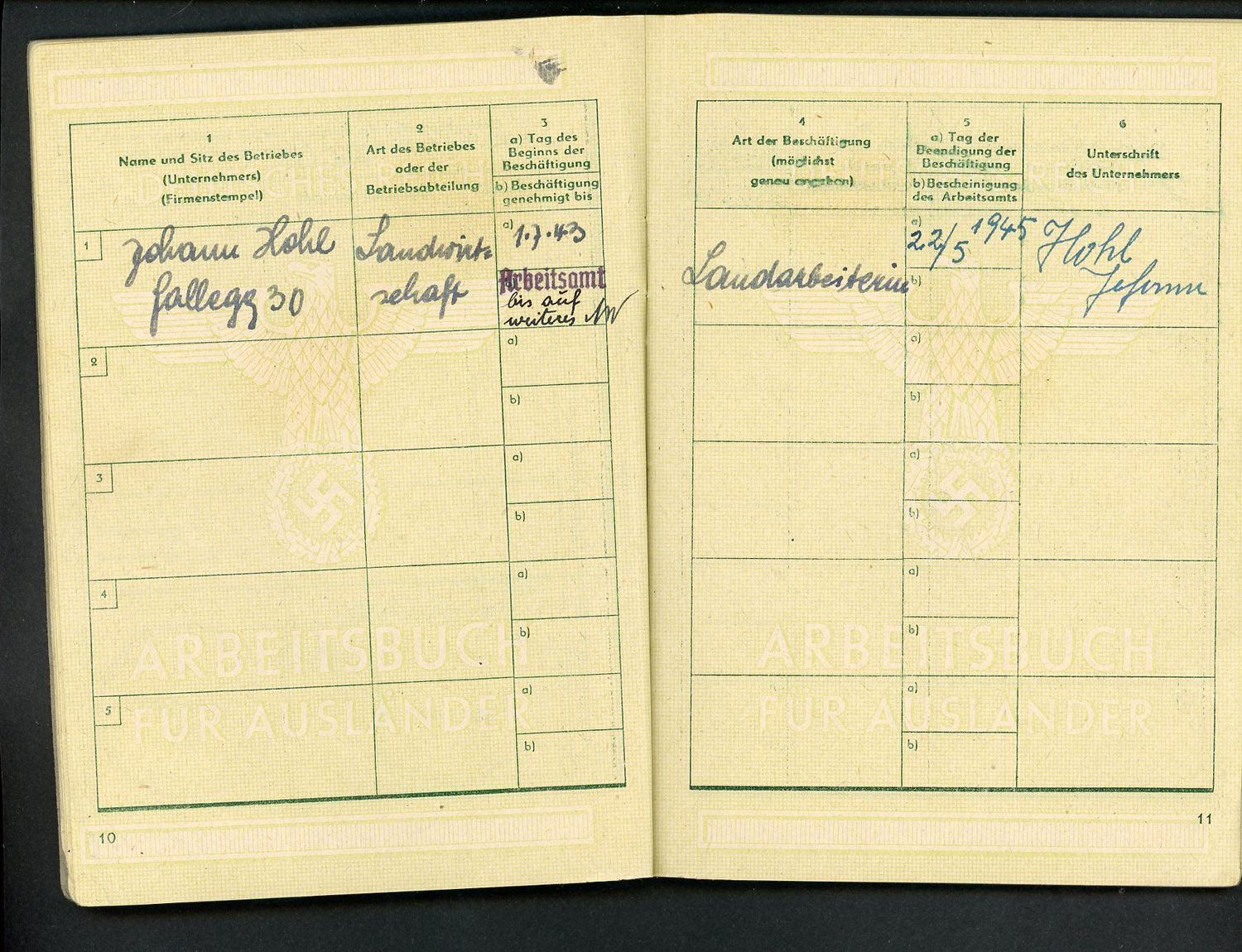 Z FACEBOOK AUCTION, RARE German WW2 Deutsches Reich Arbeitsbuch Fur Auslander Foreigner, Girl From Poland/Ukraine, STARTING BID $25 *
